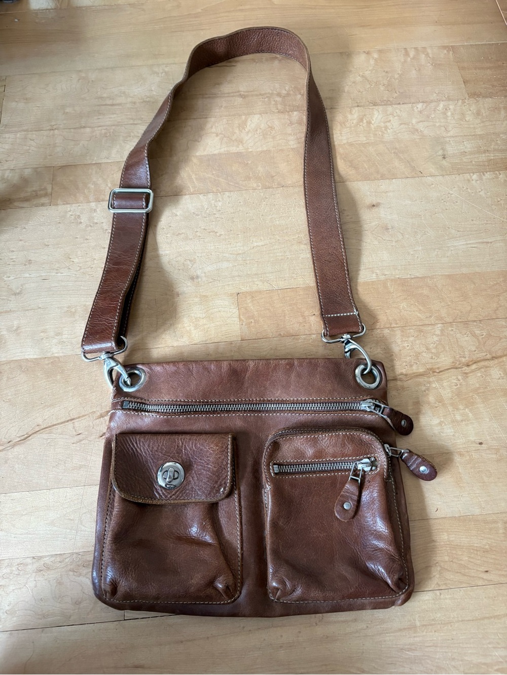 Roots Cervino Village Brown Leather Crossbody Bag with Silver Hardware